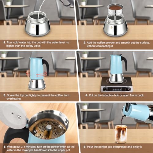 2 Cup Stovetop Espresso Maker Stainless Steel Moka Pot Stove Top Percolator Italian Coffee Makers Capable Mocha Greca Machine Cafe Classic Induction Cookers for Home and Camping 100ml 3.3oz