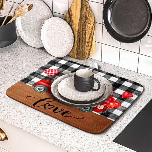 Valentine's Day Red Heart Truck Dish Drying Mat for Kitchen Counter