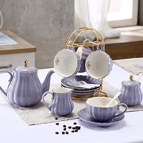 Utility 22 Pieces Ceramic Coffee Tea Gift Sets Porcelain Tea Sets British Royal Series Purple Teapot Sugar Bowl Creamer Pitcher and Teaspoons Teapots