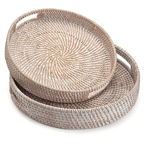 Round Rattan Serving Tray Decorative Woven Ottoman Trays with Handles for Coffee Table White