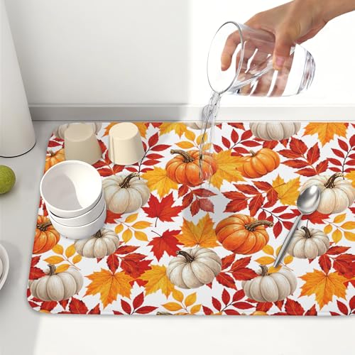 Fall Pumpkin Dish Drying Mat for Kitchen Counter 18x24 Inch Autumn Pumpkins Maple Leaves Drying Mats Thanksgiving Absorbent Reversible Dish Pad Fast Dry Drainer Mat Protector for Countertop Coffee Bar