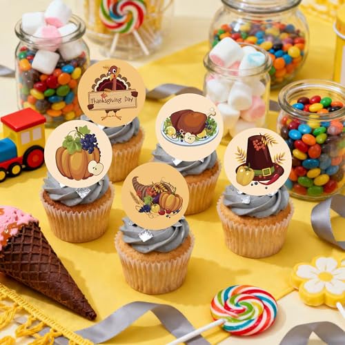 48PCS Edible Thanksgiving Day Cupcake Toppers Wafer Paper Autumn Food Cake Decorations Edible Pumpkins Cupcake Picks for Autumn Thanksgiving Party Birthday Decor Supplies