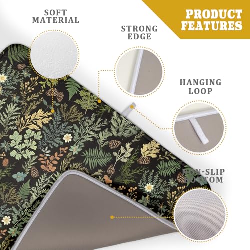Black Green Botanical Dish Drying Mat for Kitchen Counter 18x24 Inch Super Absorbent Microfiber Kitchen Drying Mat Green Plant Fern Leaves Floral Dish Reusable Washable Dish Drying Pad for Coffee Bar