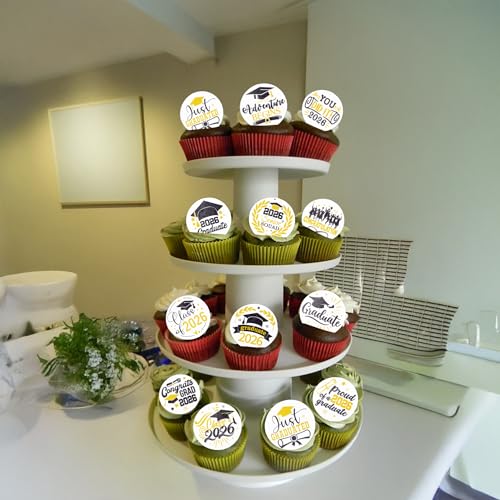 48Pcs Edible Graduation Cap 2026 Cupcake Toppers Wafer Paper Grad Cap Diploma Cake Decoration Picks for 2026 Grad Theme Party Cake Decor Supplies Black White Gold (48 Count)