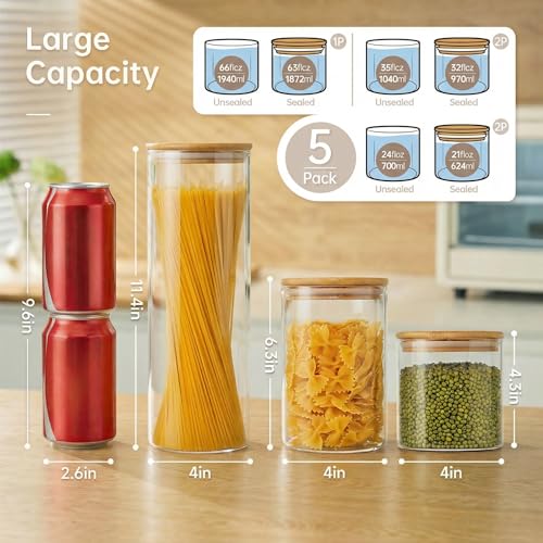 Round Glass Storage Containers with Bamboo Lids for Pasta & Flour (5 Count)