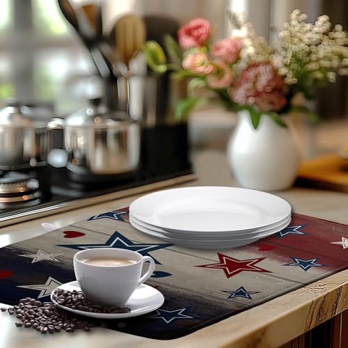 Patriotic Stars Dish Drying Mats 4th of July Dish Mat Blue Red Heart Drying Matt Dishes Dryer Pad for Kitchen Counter Absorbent Microfiber Washable Foldable Reusable 18x24 in