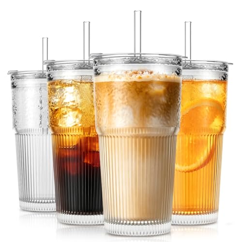 20oz Wave Ribbed & Wavy Glass Tumbler with Lid and Straw