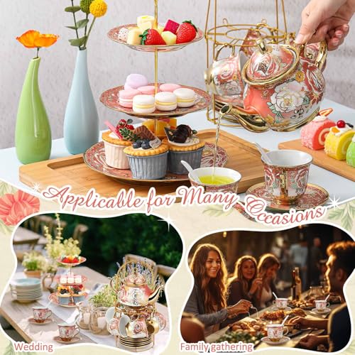 21 Pcs Porcelain Tea Set for Women Tea Party with Metal Holder and 3 Tier Cake Stand Ceramic European Floral Teapot Set for Adults Mother's Day Christmas Thoughtful Gift
