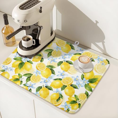 Lemon Dish Drying Mat 18x24 Inch Absorbent Reversible Summer Drying Mat Floral Lemon Fruits Dish Drying Rack Mat Yellow Summer Themed Dish Drainer Mat for Kitchen Counter Coffee Bar