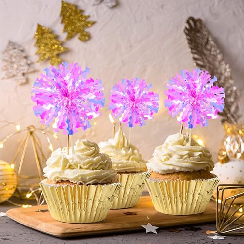 30Pcs Foil Firework Cupcake Toppers Happy Birthday Cake Toppers Tinsel Flower Drink Stirrers Cocktail Food Fruit Toothpicks for Valentine's Day Party Decorations Rose Red (30 Count)