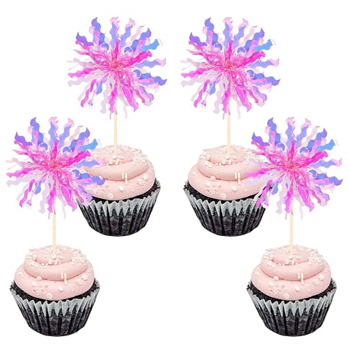 30 PCS Foil Firework Cupcake Toppers Sparkle Tinsel Cupcake Picks Happy Birthday Cake Decorations Drink Stirrers Cocktail Food Fruit Toothpicks for Baby Shower Graduation Party Supplies Rose Red (30 Count)