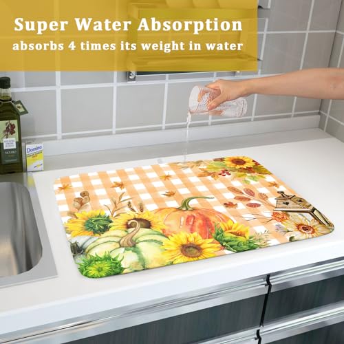 Autumn Maple Leaf Orange White Check Plaids Dish Drying Mat for Kitchen Counter