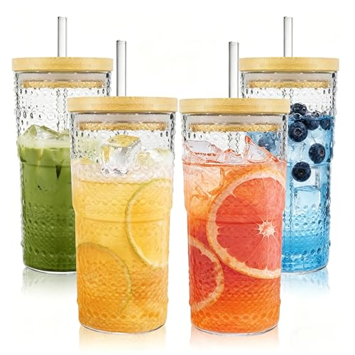 4 Pack 20oz Hobnail Drinking Glasses with Bamboo Lids and Glass Straw (2 Count)