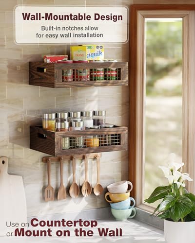 Set of 2 Wooden Countertop Baskets with Sturdy Wire Mesh & Handles (2 Count)