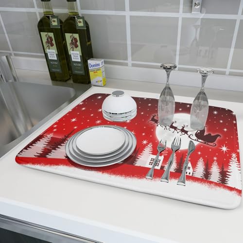Christmas Reindeer Moon Star Red Dish Drying Mat for Kitchen Counter