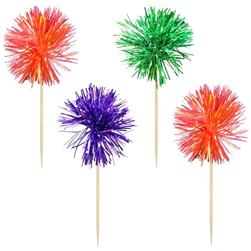 30Pcs Foil Firework Cupcake Toppers Sparkle Tinsel Cake Toppers Tinsel Drink Cake Decoration Cocktail Picks for Halloween Birthday Wedding Graduation Party Supplies Purple Green Orange (30 Count)