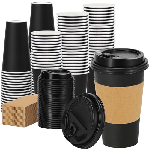 100 Pack 16 oz Disposable Coffee Cups With Lids and Sleeves (100 Count)