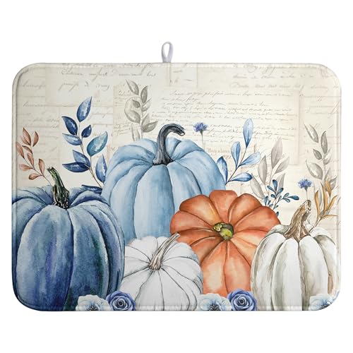 Fall Blue White Pumpkin Dish Drying Mats Thanksgiving Leaves Dish Mat Drying Matt Autumn Floral Dishes Dryer Pad for Kitchen Counter Absorbent Microfiber Washable Foldable Reusable 18x24 in