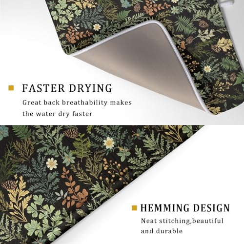 Black Green Botanical Dish Drying Mat for Kitchen Counter 18x24 Inch Super Absorbent Microfiber Kitchen Drying Mat Green Plant Fern Leaves Floral Dish Reusable Washable Dish Drying Pad for Coffee Bar