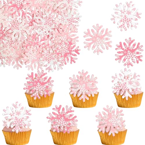50Pcs Edible Snowflake Cupcake Cake Toppers Wafer Paper Snowflake Cake Decorations for Christmas Winter Frozen Theme Party Supply Decoration Multi Pink (60 Count)