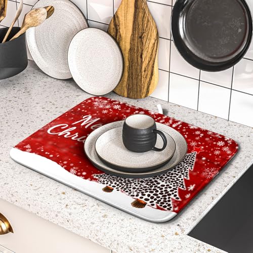 Merry Christmas Tree Red Dish Drying Mat for Kitchen Counter