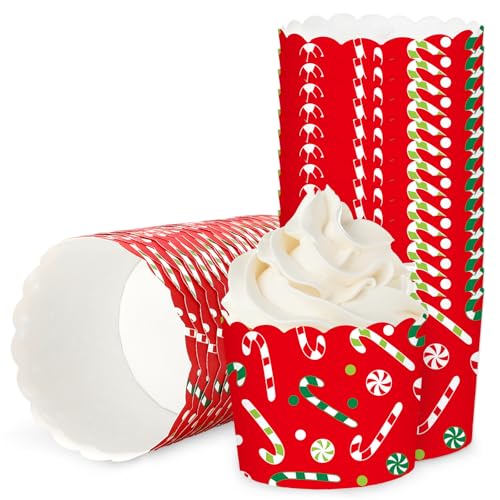 100Pcs Christmas Paper Baking Cups Red Green Candy Cane Cupcake Wrappers Scalloped Edge Cupcake Muffin Cases for Xmas Winter Holiday Party Dessert Decoration (100 Count)