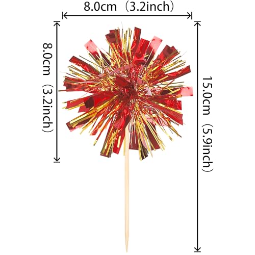 30 PCS Foil Firework Cupcake Toppers Sparkle Tinsel Cupcake Picks Happy Birthday Cake Decorations Drink Stirrers Cocktail Food Fruit Toothpicks for Baby Shower Graduation Party Supplies Red Gold (30 Count)