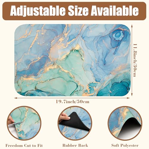 Turquoise and Blue Marble Coffee Mat Absorbent Dish Drying Mat for Kitchen Counter Hide Stain Rubber Backed Coffee Bar Accessories Fit Under Espresso Machine Dish Drainer
