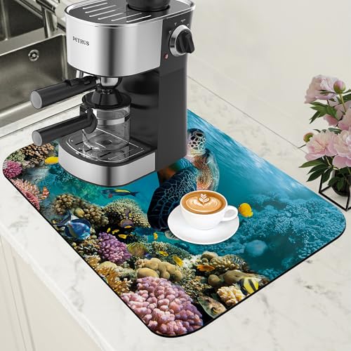 Sea Turtle Coffee Mat Absorbent Dish Drying Mat for Kitchen Counter Hide Stain Rubber Backed Coffee Bar Accessories Fit Under Espresso Machine Dish Rack
