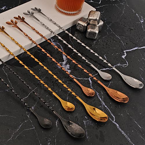 Rose Gold 12 Inch Stainless Steel Cocktail Spoon with Leaf Handle