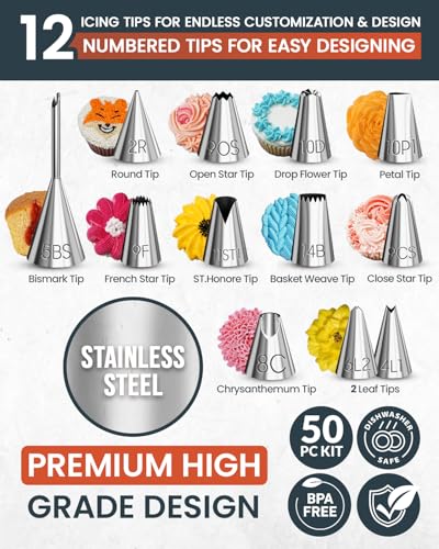 50PCs Cake Decorating Supplies Kit with 12" Aluminum Rotating Cake Turntable Stand