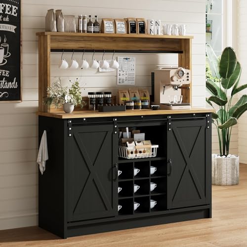 47" Coffee Bar Cabinet with Storage Hutch & Wine Rack