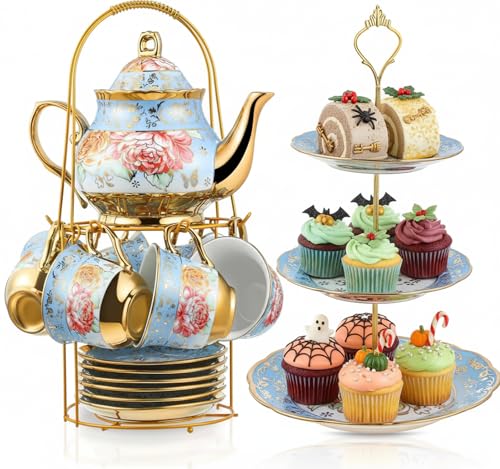 21 Pcs Porcelain Tea Set for Women Tea Party with Metal Holder and 3 Tier Cake Stand Ceramic European Floral Teapot Set for Adults Mother's Day Christmas Thoughtful Gift