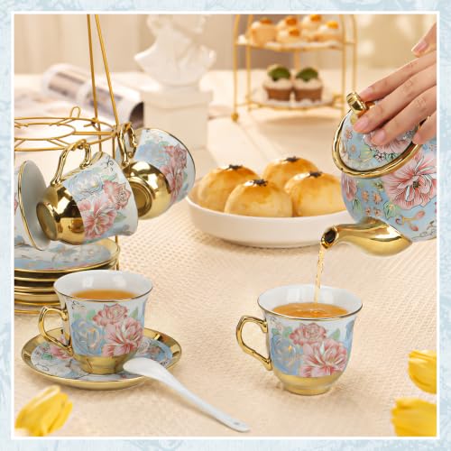 Porcelain Tea Cup and Saucer Set European Tea Set with Flower for Party (20 Count)