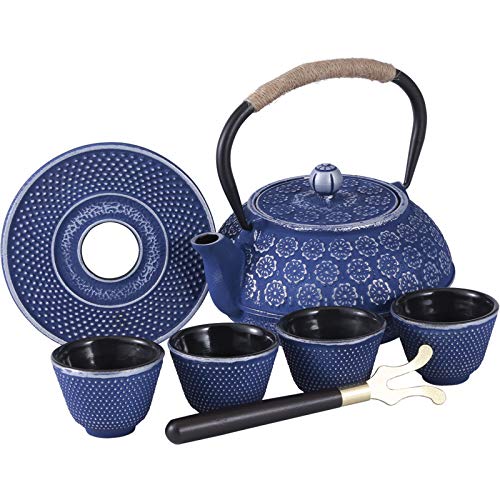 Blue Floral Cast Iron Teapot Set 28 oz Tea Kettle with 4 Cups