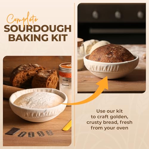9" Round Banneton Bread Proofing Basket Set with Starter Jar