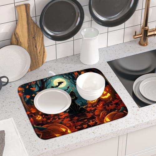 Halloween Black Cat Dish Drying Mat for Kitchen Counter
