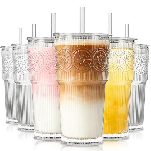 20oz Ribbed & Floral Glass Tumbler with Lid and Straw
