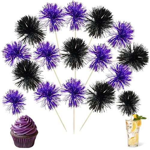 30Pcs Foil Firework Cupcake Toppers Sparkle Tinsel Cupcake Picks Happy Birthday Cake Decorations Drink Stirrers Cocktail Food Toothpicks for Baby Shower Graduation Party Supplies Black Purple (30 Count)