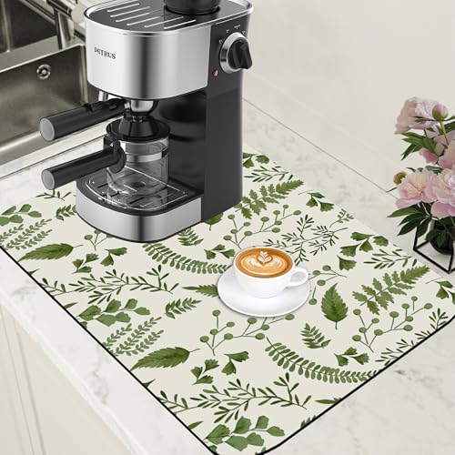 Green Leaf Coffee Mat Herb Dish Drying Mat for Kitchen Counter Hide Stain Rubber Backed Absorbent Coffee Bar Accessories Fit Under Espresso Machine