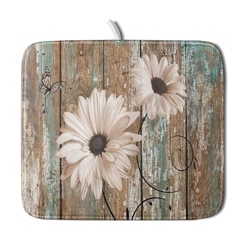 Rustic Daisy Board Dish Drying Mat for Kitchen Countertop 16x18 inch Fall Sunflower on Wooden Plank Dish Drainer Mats Fast Drying Country Shabby Chic Vintage Kitchen Drying Decor
