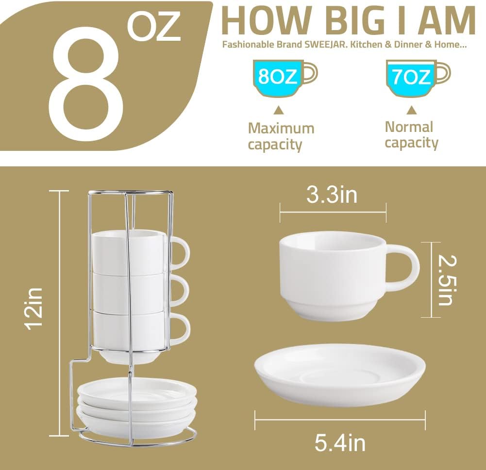 Sweejar Porcelain Cappuccino Cups with Saucers and Metal Stand, 8 Ounce Stackable Espresso Cups for Specialty Coffee Drinks, Latte, Americano, Tea - Set of 4 (Black)