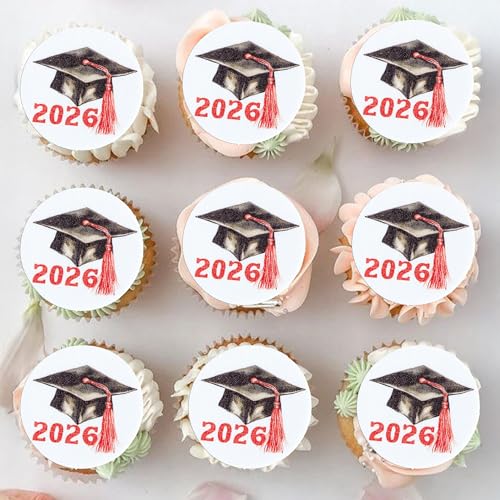 48Pcs Edible 2026 Graduation Cap Cupcake Toppers Wafer Paper Class of 2026 Grad Cap Cupcake Picks for 2026 Graduation Theme Party Cake Decorations Supplies Red (48 Count)