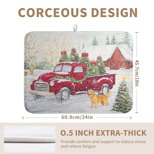 Christma Red Truck Dish Drying Mat Winter Dog Large Kitchen Mats Dish Drying Pad Xmas Tree Vintage Absorbent Dish Dryer Mat for Kitchen Countertops Microfiber Drainer Pad Dish Drying Mats