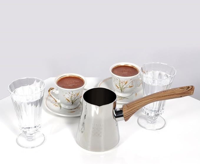 Serenk Turkish Coffee Pot Cezve, Milk Warmer, Ibrik Briki Greek Arabic Coffee Pot, Set of 3, Stovetop Coffee Maker, Turkish Cezve Traditional made of Stainless Steel, Rust Free w/Hanging Base