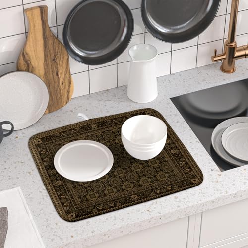 Brown Antique Tabriz Rug Dish Drying Mat for Kitchen Counter