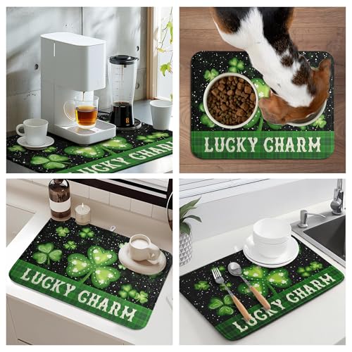 St Patricks Day Spring Dish Drying Mats St Patrick's Day Lucky Dish Mat Shamrock Drying Matt Dishes Dryer Pad for Kitchen Counter Absorbent Microfiber Washable Foldable Reusable 18x24 in