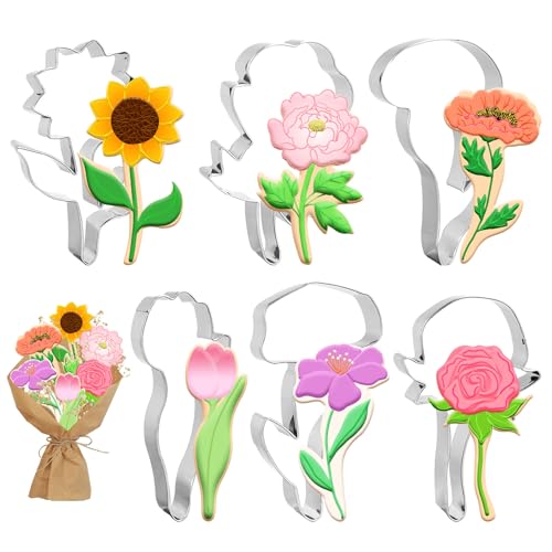 6Pcs Flower Cookie Cutters Biscuit Cutter Spring Tulip Peony Sunflower Rose Floral Stem Stainless Steel Cookie Cutting Molds for Mother' s Day Home DIY Baking Supplies (6 Count)