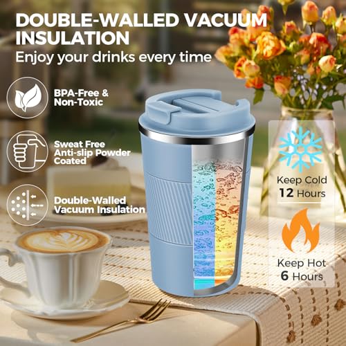 13 oz Stainless Steel Insulated Travel Coffee Mug with Fip Lid Bulk 4 Pack (4 Count)
