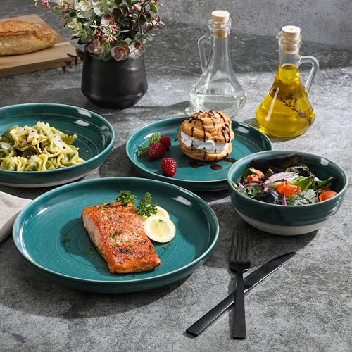 Clarina 16 Piece Double Bowl Stoneware Reactive Glaze Round Plates and Bowls Dinnerware Set